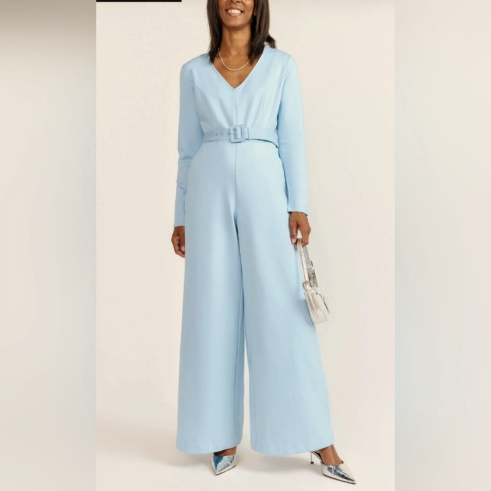 New York & Company Long Sleeve Ponte Self Belt Jumpsuit